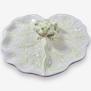 Italian Ceramic Frog Lily Pad Plate Green White Hand painted